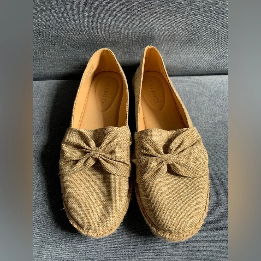 Talbots Womens Izzy Cinched Bow Tan Linen Espadrille Slip On Dressy Flats 8